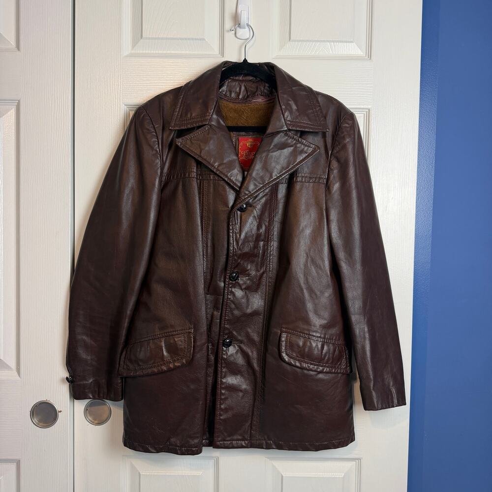 Vintage Men's Genuine Leather Car Coat Size 40 Brown Faux Fur Lined